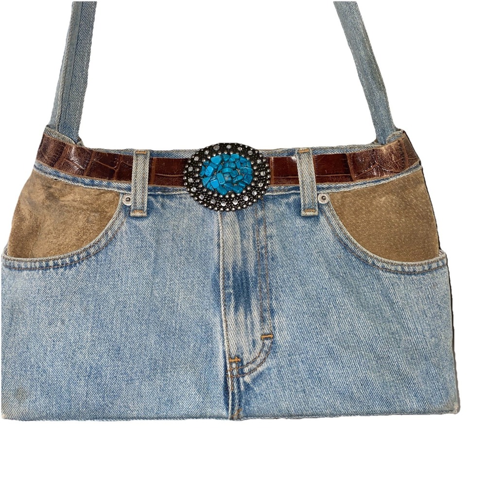 RitZrag Recycled‎ Denim Shoulder Bag Cowgirl Turquoise Belt Buckle Booty Purse